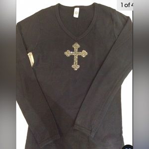 Custom Made Swarovski Crystal Cross Long Sleeve V Neck Black T Shirt M